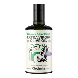  Green, extra virgin olive oil in a glass bottle with a label featuring a graphic design.
