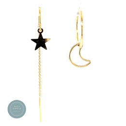  Gold-tone earrings featuring a star and crescent moon charm on a delicate chain.
