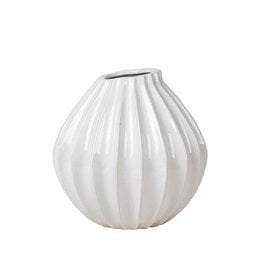 Ivory white wide round bulbous vase with vertical ribbed fluted texture pattern, modern minimalist design