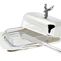 EDZARD botervloot hert 13x18 cm, H 8 cm, glazen inzetstuk, verzilverd, met botermes