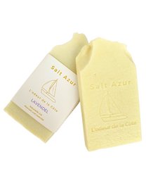  Rectangular bar of pale yellow soap with "Salt Azur" and a sailboat design embossed on the surface, packaged in a white paper wrapper.