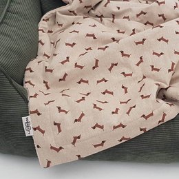 Soft, cozy pet bed with a repeating dachshund print pattern in shades of brown. Available in small (90x65cm) and medium (110x90cm) sizes.