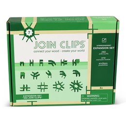 Green plastic construction toy clips in a green and white box. The clips can be used to build various structures.