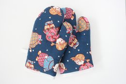 Vintage-inspired oven mitts featuring a navy blue background with colorful floral patterns, perfect for adding a touch of style to your kitchen.