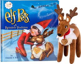 Plush reindeer toy with elf character, part of the Elf on the Shelf tradition. Soft, brown reindeer with antlers, wearing a red scarf. Includes storybook.