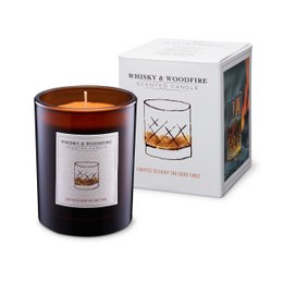  Amber glass candle, whisky woodfire scent, black container, round tall design, luxury home fragrance.