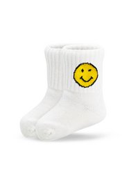 White baby socks with a yellow smiley face design. Suitable for ages 0-4 years.