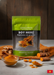 "Golden turmeric powder, 40g sachet, bright yellow spice, natural root ingredient, culinary seasoning"