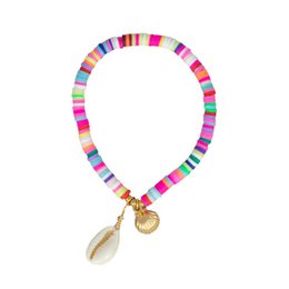 Multicolored beaded bracelet with shell charm and gold-tone hardware. Vibrant, playful design suitable for casual or beach-inspired outfits.