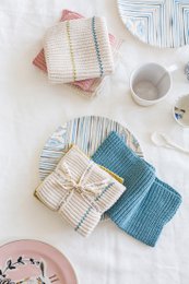 Molly knitted dishcloth, seablue + stripe. Soft, absorbent, and durable knitted dishcloth in a seablue and stripe pattern. Ideal for everyday kitchen use.