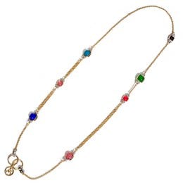 Plastic bead charm necklace with blue, multicolored, coffee, and black beads, featuring floral and heart-shaped charms in a gold-tone metal setting.