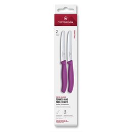  A set of two purple-handled serrated tomato knives from Victorinox, a trusted brand for high-quality kitchen tools. These knives are designed for effortlessly slicing tomatoes and other soft fruits and vegetables.