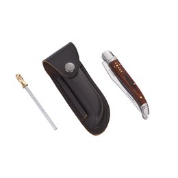  A set of Laguiole Heritage carving knives with a leather sheath. The knives feature a classic Laguiole design with a wooden handle and a stainless steel blade. The set comes in a green gift box.