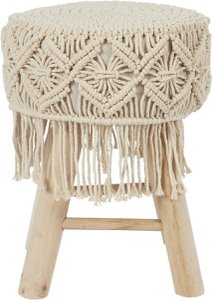 Bohemian Houten Kruk met Handgemaakt Macramé – Ø32 x 42 cm – Boho Bijzetkrukje / Zitkruk / Poef van Natuurlijke Materialen – Decoratief Krukje voor Woonkamer, Hal of Slaapkamer – Bruin