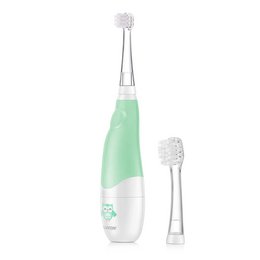A green and white electric toothbrush for babies, with a soft bristle head and ergonomic handle for easy grip.