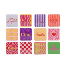  "Wooden decorative tiles with text, colorful designs, pink purple yellow, inspirational words, small square signs"