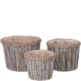  White wooden bowls with natural bark texture, available in 3 sizes: 27cm, 24cm, and 20cm. Suitable for serving, decorative, or storage purposes.