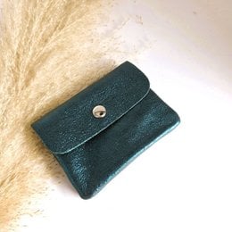 Metallic teal mini wallet, compact coin pocket, small clutch with snap closure, portable accessory