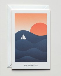 Farewell card with a minimalist design featuring a sailboat silhouette against a sunset-inspired background. The card conveys a message of goodbye and new beginnings.