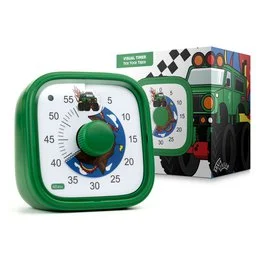 A green and white visual timer/clock with a truck design, suitable for kids. The timer has a round shape with a large green dial and numbers indicating the time.