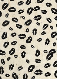 A postcard featuring a repeating pattern of black lips or kisses on a light beige background.