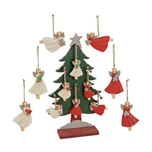 Kersthangende engel van poly op boomstandaard, 6-voudig, rood/wit (B/H/D) 7x11x0,5cm/10x6x0,5cm