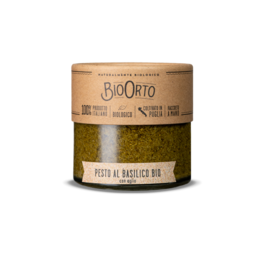A 212ml glass jar of organic basil pesto with garlic. The pesto is made with fresh basil, olive oil, pine nuts, and garlic, providing a flavorful and aromatic condiment for pasta, sandwiches, and more.