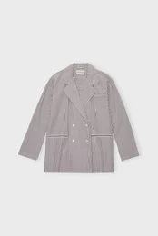 Dark taupe striped blazer shirt, long sleeves, double-breasted, women's blouse, casual elegant style.