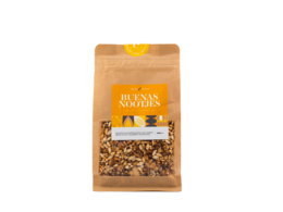 Granola with nuts, oats, and honey in a brown paper bag packaging.
