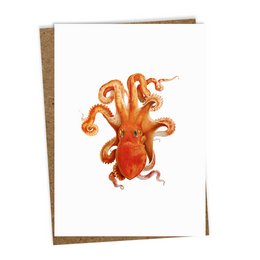 A greeting card featuring a vibrant illustration of an orange octopus against a white background.