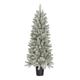  Tall, slender green Christmas tree with snowy, frosted appearance. Ideal for holiday decor in any space.