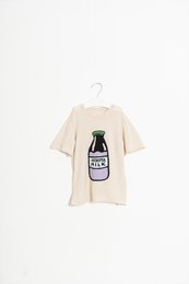 Cream-colored kids' sweater with a graphic print of a green bottle labeled "JUICE" on the front.