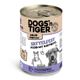  Dogs'n Tiger Adult dog food, wet food, saddle solid, grain-free, hypoallergenic, monoprotein, horse & potato

The product is a wet dog food from the Dogs'n Tiger brand. It is an adult dog food that is grain-free, hypoallergenic, and monoprotein, with horse and potato as the main ingredients. The food comes in a saddle solid shape and is available in 400g, 6x 400g, and 12x 400g variants.
