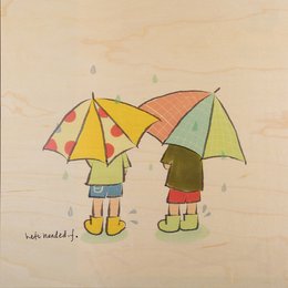 Colorful umbrellas, rain boots, and a rainy day scene depicted in a whimsical illustration.