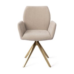  Beige upholstered dining chair with wooden legs, modern curved design, comfortable armrests, swivel base