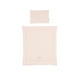 Soft, natural-colored muslin bedding set in collaboration with MalomiKids. Includes a sheet set with a simple, minimalist design.