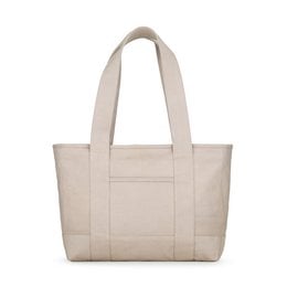 Dark sand colored tote bag with two handles, suitable for carrying a laptop or other items.