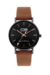 A 36mm brown leather strap watch with a black dial and rose gold-tone accents.