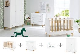 A modern, minimalist nursery set featuring a crib, changing unit, wardrobe, and wall shelf in a neutral color palette. The crib has a slatted wooden design with a clean, contemporary style.