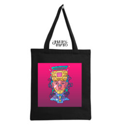 Cyberpunk-style tote bag with colorful abstract print featuring a futuristic face. Available in black or natural color.