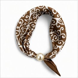 Brown white ornament print scarf, magnetic pearl closure, decorative pattern design, versatile accessory
