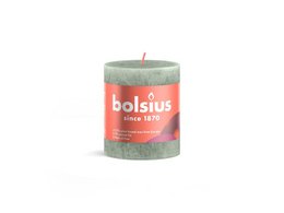  Bolsius Rustic candle 80/68 in jade green color. Cylindrical pillar candle with a rustic, natural appearance.