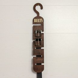  Wooden belt organizer with multiple hooks for storing and organizing belts. Available in natural, brown, rustic white, and black finishes. Ideal for closet storage and a thoughtful Father's Day gift.