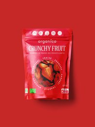Crunchy dried strawberry fruit pieces, bright red in color, with a sweet and tangy flavor. Ideal for snacking or adding to recipes.