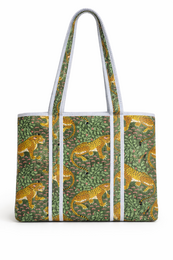  A sturdy and fashionable handmade shopping bag in a variety of vibrant colors and patterns, including green, blue, pink, yellow, and animal prints. The bag features a roomy interior and durable construction, making it a practical and stylish choice for everyday use.