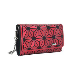 A geometric wallet in a black color with a stylish, angular design. The wallet features a compact, pouch-like shape and a chain strap for easy carrying.