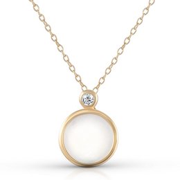 A delicate gold-tone necklace with a round white pendant and a small diamond accent.