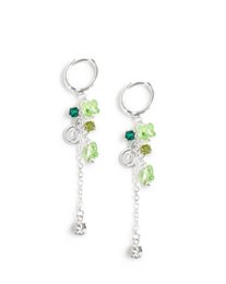 Silver hoop earrings with peridot green butterflies and crystals, featuring a dangling charm design.