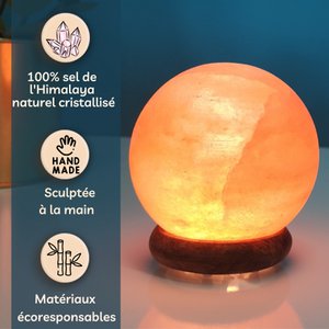 USB-lamp van Himalayazoutkristal – bol van 500 g – houten voet – decoratief object