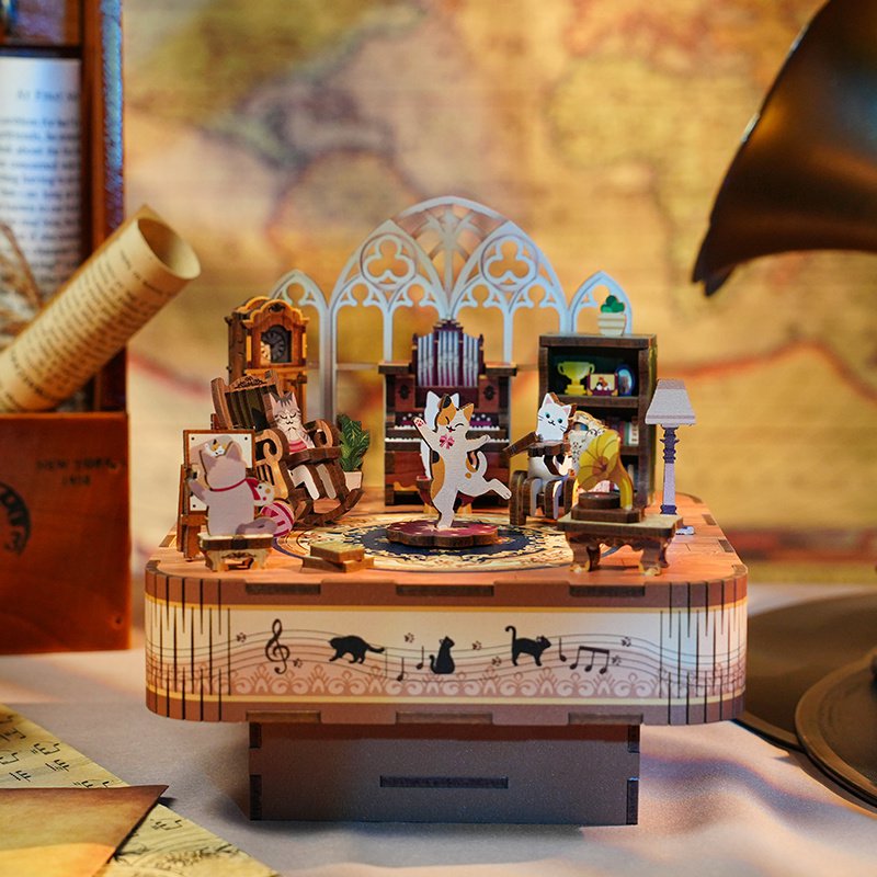 Tonecheer, Music box, DIY 3D Wooden Puzzle, Cat's Family